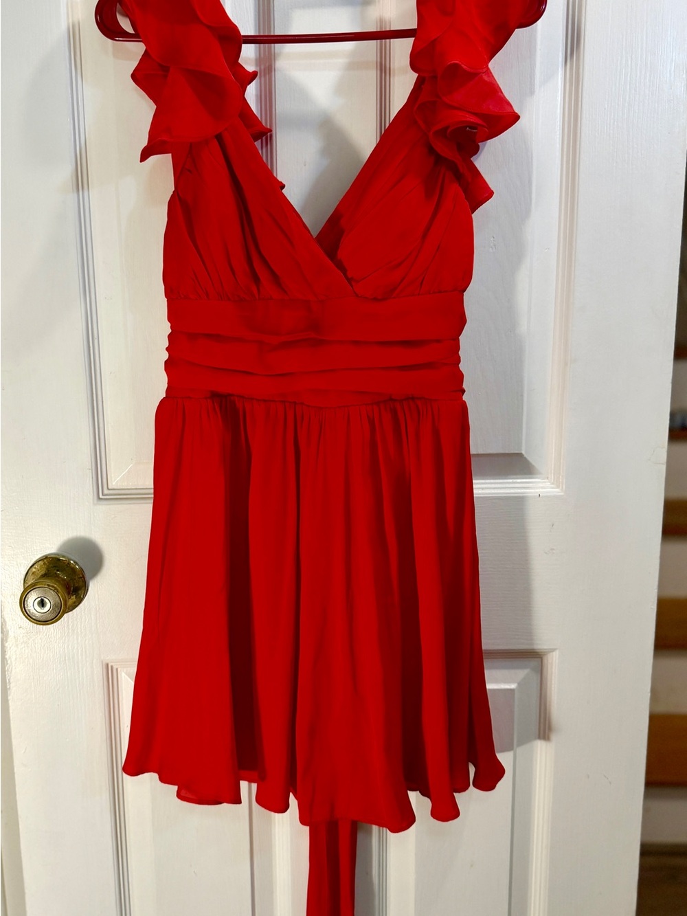 Angel Biba Red Ruffle-Shoulder Formal Dress
